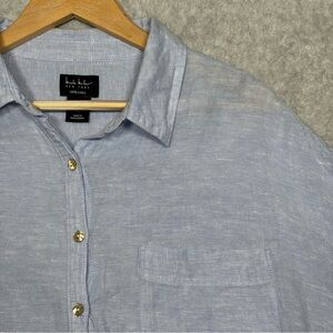 Nicole Miller Oversized Linen Long Sleeve Button Up Shirt-Light Blue-Women Large